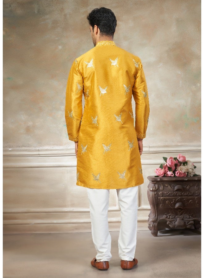 OUTLUK Yellow Embroidered Kurta with Pajama for Men - Image 2